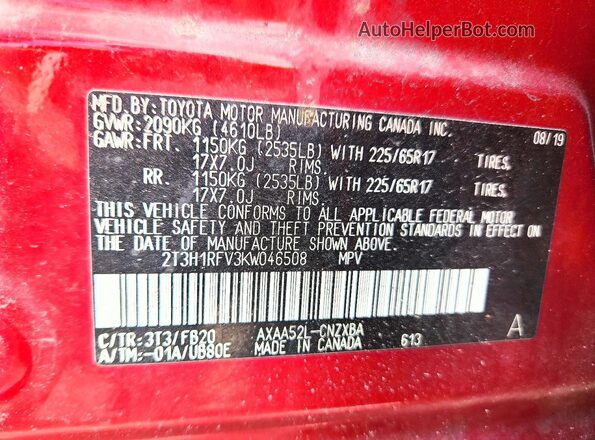 2T3H1RFV3KW046508 2019 TOYOTA LE Red Engine compartment view
