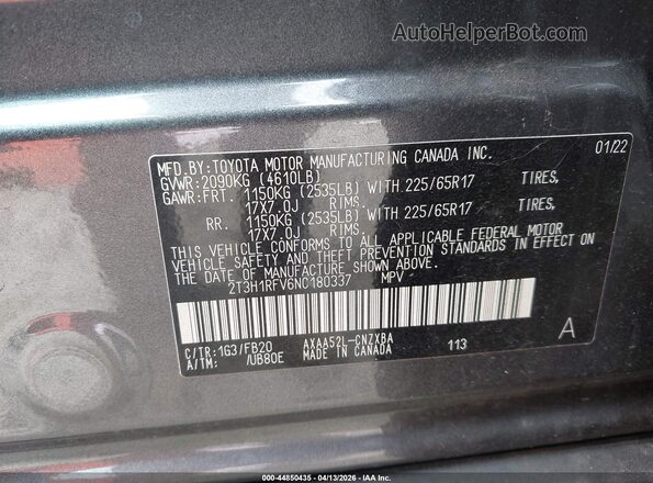 2T3H1RFV6NC180337 2022 TOYOTA LE Gray Widok komory silnika