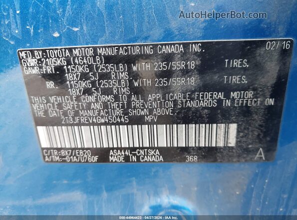 2T3JFREV4GW450445 2016 TOYOTA RAV4 Blue Вид підкапотного простору