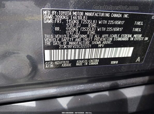2T3K1RFV2SC322331 2025 TOYOTA LE Gray Widok komory silnika