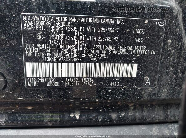 2T3K1RFV7SC359827 2025 TOYOTA LE Black Vista del compartimento del motor