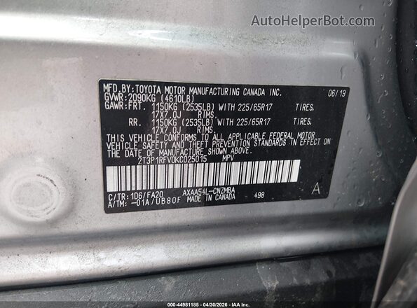 2T3P1RFV0KC025015 2019 TOYOTA LE Silver Widok komory silnika