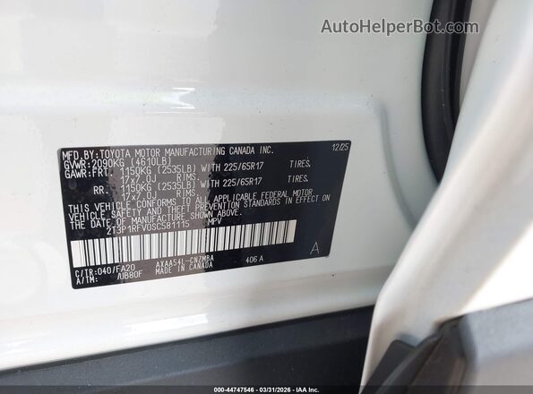 2T3P1RFV0SC581115 2025 TOYOTA LE White Вид підкапотного простору