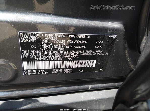 2T3P1RFV1LW104189 2020 TOYOTA LE Gray Vista del compartimento del motor