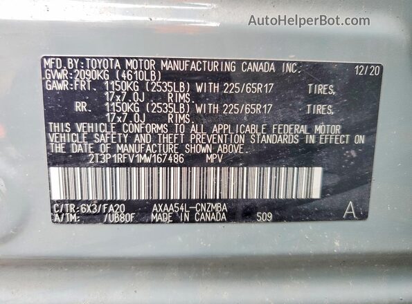2T3P1RFV1MW167486 2021 TOYOTA LE Gray Widok naklejki z numerem VIN