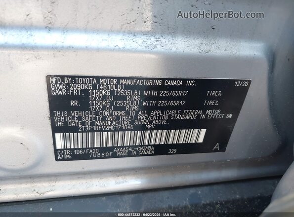 2T3P1RFV2MC171046 2021 TOYOTA LE Silver Շարժիչի բաժամունքի տեսք