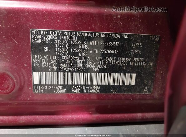 2T3P1RFV2MW241823 2021 TOYOTA LE Red Շարժիչի բաժամունքի տեսք