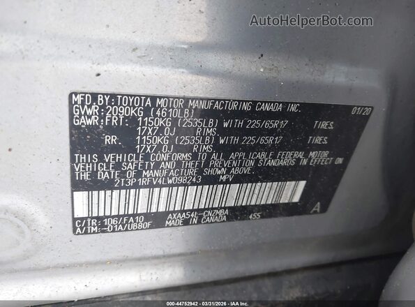 2T3P1RFV4LW098243 2020 TOYOTA LE Silver Շարժիչի բաժամունքի տեսք