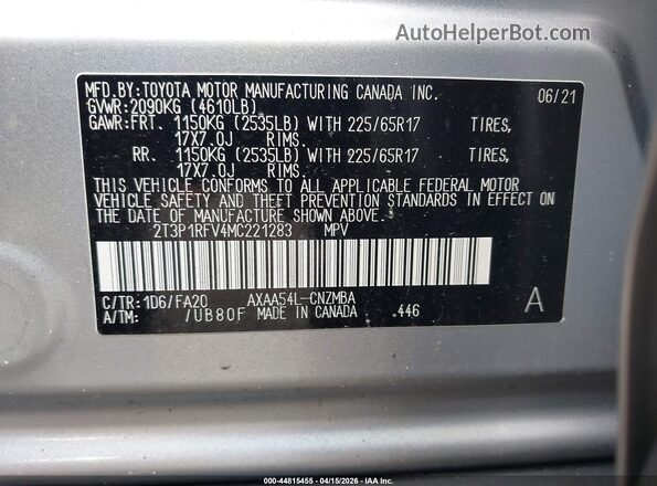 2T3P1RFV4MC221283 2021 TOYOTA LE Silver 