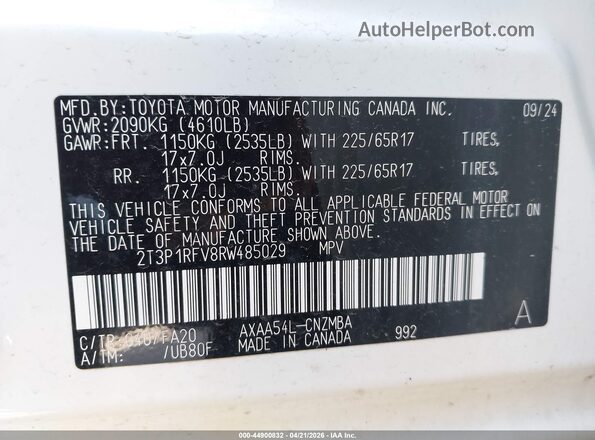 2T3P1RFV8RW485029 2024 TOYOTA LE White Շարժիչի բաժամունքի տեսք
