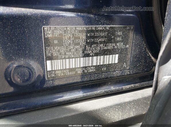 2T3P1RFV9KC007807 2019 TOYOTA LE Blue Engine compartment view