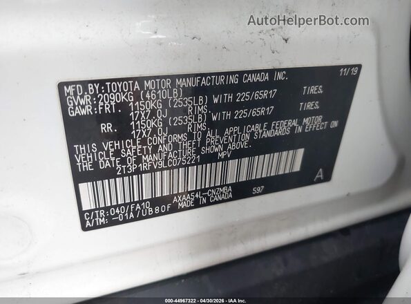 2T3P1RFV9LC075221 2020 TOYOTA LE White ძრავის განყოფილების ხედი