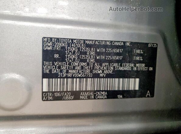 2T3P1RFV9SW567793 2025 TOYOTA RAV Silver VIN կոդի պիտակի տեսք