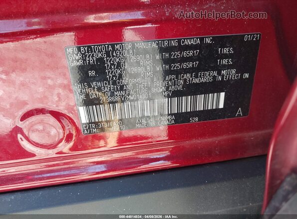 2T3R6RFV7MW014301 2021 TOYOTA LE Red Vista del compartimento del motor