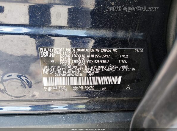 2T3RWRFV8SW265986 2025 TOYOTA LE Blue Vista del compartimento del motor