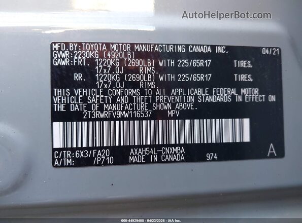 2T3RWRFV9MW116537 2021 TOYOTA LE Gray Շարժիչի բաժամունքի տեսք