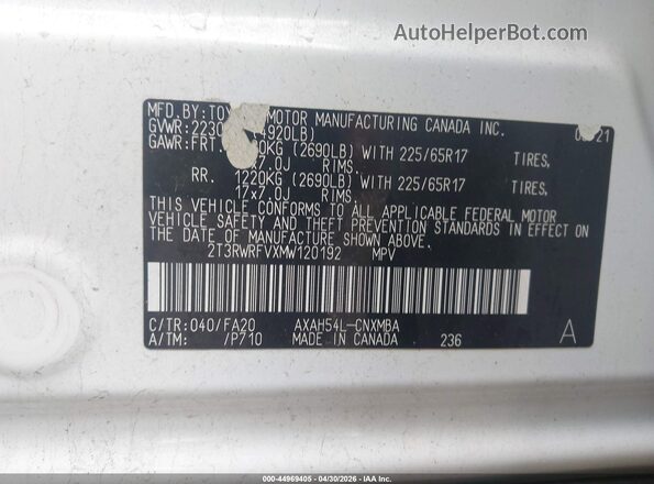 2T3RWRFVXMW120192 2021 TOYOTA LE White Շարժիչի բաժամունքի տեսք