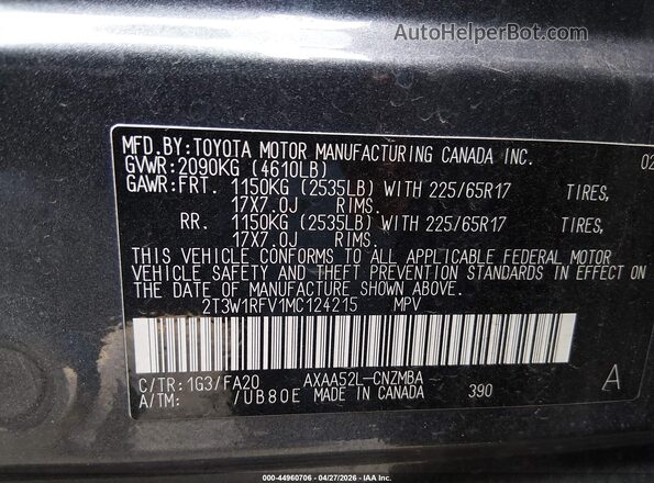 2T3W1RFV1MC124215 2021 TOYOTA LE Gray Вид підкапотного простору