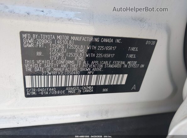 2T3W1RFV2LC050480 2020 TOYOTA LE White Widok komory silnika