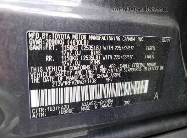2T3W1RFV2RW341438 2024 TOYOTA LE Charcoal Vista de la etiqueta del VIN