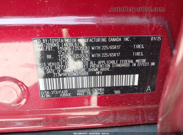 2T3W1RFV2SW375689 2025 TOYOTA LE Red Vista del compartimento del motor