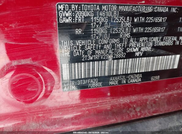 2T3W1RFV2SW428892 2025 TOYOTA LE Красный Вид подкапотного пространства