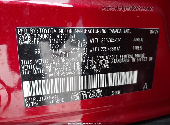 2T3W1RFV5SW435612 2025 TOYOTA LE Red ძრავის განყოფილების ხედი