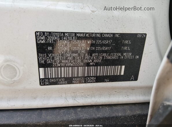 2T3W1RFV8RW355599 2024 TOYOTA LE White Vista del compartimento del motor