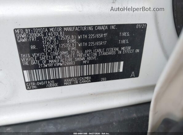 2T3W1RFV9MW128883 2021 TOYOTA LE White 