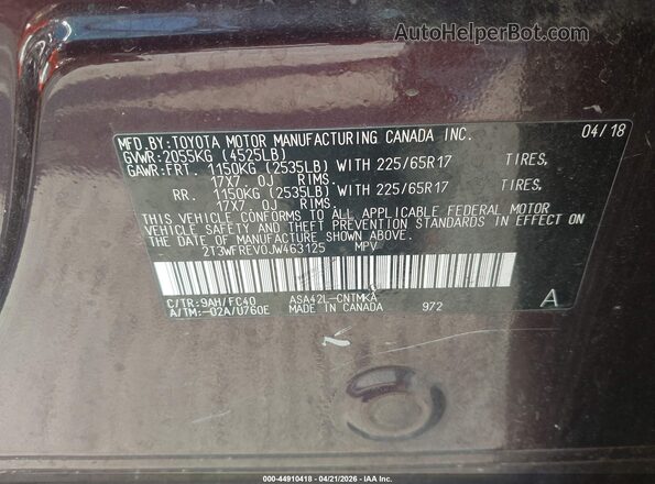2T3WFREV0JW463125 2018 TOYOTA LE Purple Շարժիչի բաժամունքի տեսք
