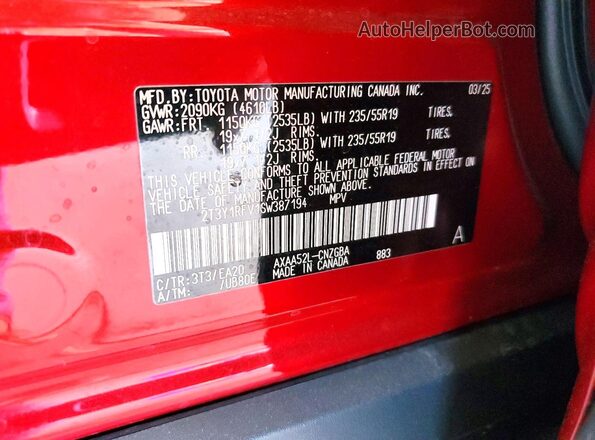 2T3Y1RFV1SW387194 2025 TOYOTA LIMITED Red Widok naklejki z numerem VIN