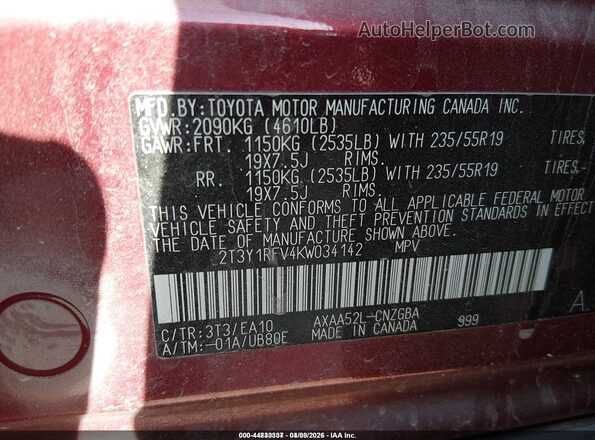 2T3Y1RFV4KW034142 2019 TOYOTA LIMITED Maroon Շարժիչի բաժամունքի տեսք