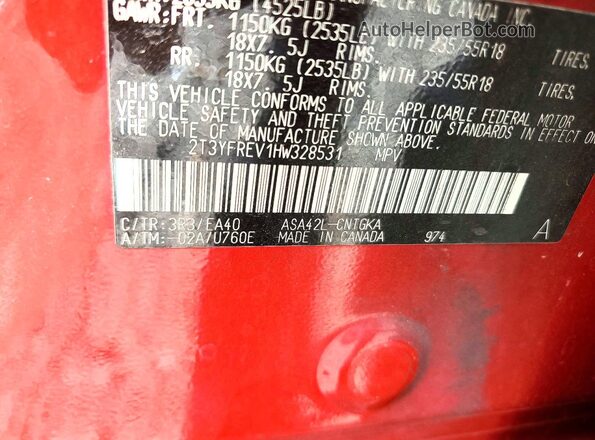 2T3YFREV1HW328531 2017 TOYOTA LIMITED Red Vista de la etiqueta del VIN