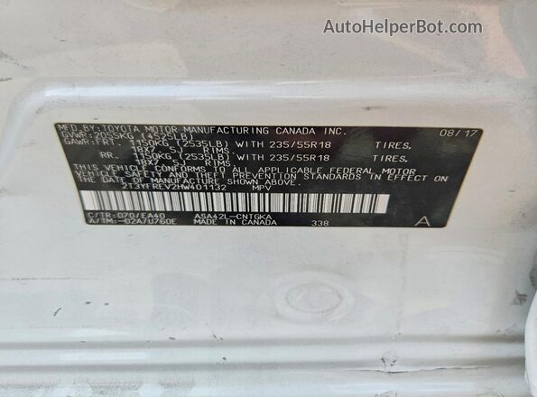 2T3YFREV2HW401132 2017 TOYOTA RAV White VIN კოდის სტიკერის ხედი