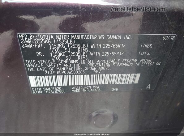 2T3ZFREV0JW508285 2018 TOYOTA LE Темно-бордовый Вид подкапотного пространства
