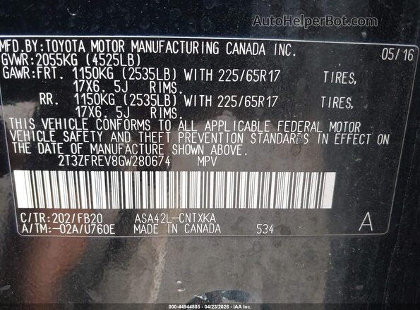 2T3ZFREV8GW280674 2016 TOYOTA LE Black Widok komory silnika
