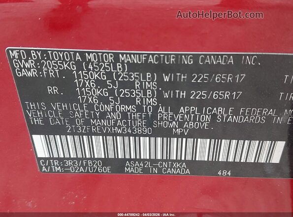 2T3ZFREVXHW343890 2017 TOYOTA LE Red Widok komory silnika