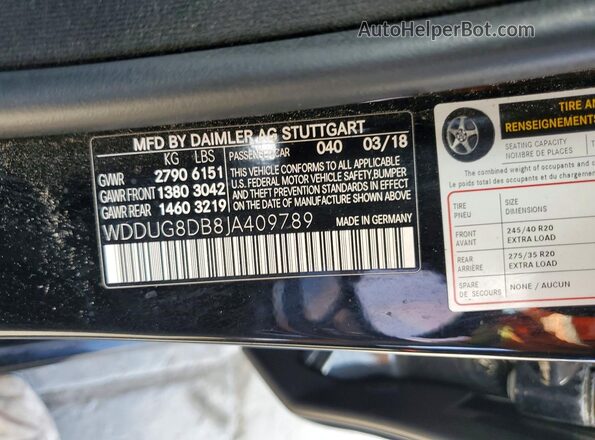 WDDUG8DB8JA409789 2018 MERCEDES-BENZ S Black VIN კოდის სტიკერის ხედი