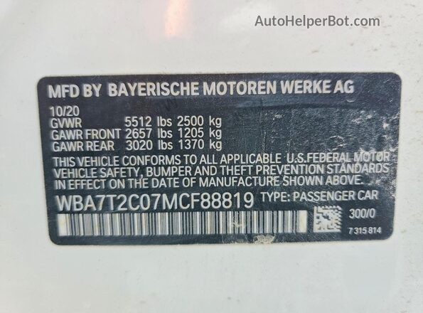 WBA7T2C07MCF88819 2021 BMW 7 SERIES White VIN sticker view