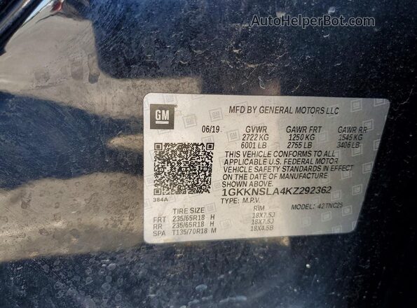 1GKKNSLA4KZ292362 2019 GMC ACADIA Black 