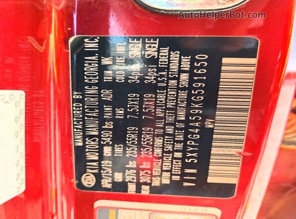 5XYPG4A59KG591650 2019 KIA SORENTO Red 