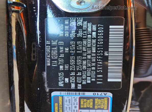 5XYAFFS51TG006807 2026 KIA EV9 Black Widok naklejki z numerem VIN