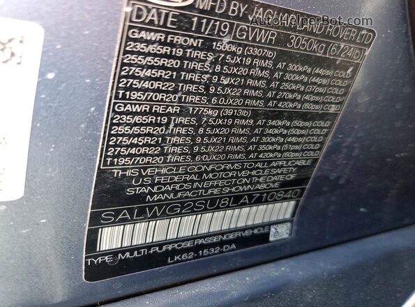 SALWG2SU8LA710840 2020 LAND ROVER RANGE ROVER Blue სალონის 360-გრადუსიანი ხედი