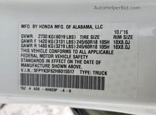 5FPYK3F62HB015517 2017 HONDA RIDGELINE White Widok naklejki z numerem VIN