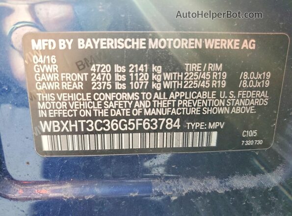 WBXHT3C36G5F63784 2016 BMW X1 Blue Панорамний вид салону 360°