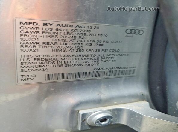 WA1EVAF10MD021050 2021 AUDI Q8 Silver სალონის 360-გრადუსიანი ხედი