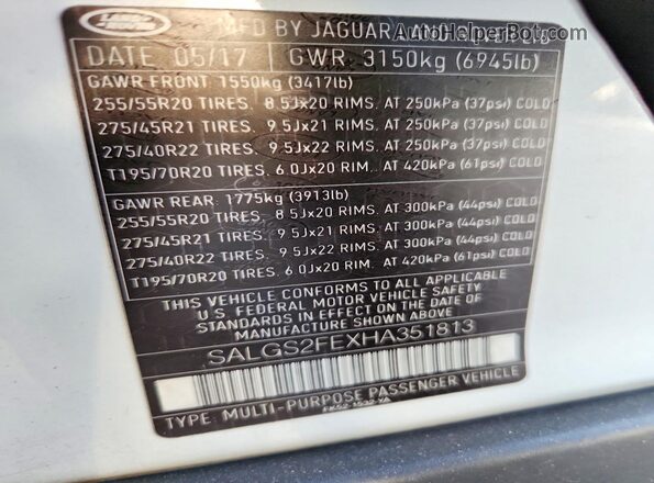 SALGS2FEXHA351813 2017 LAND ROVER RANGE White VIN կոդի պիտակի տեսք
