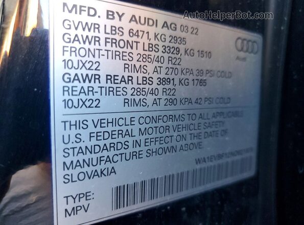 WA1EVBF12ND021879 2022 AUDI Q8 Black VIN კოდის სტიკერის ხედი