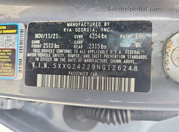 5XXG24J29NG126248 2022 KIA K5 Gray 
