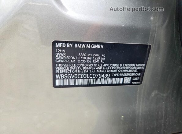 WBSGV0C03LCD79439 2020 BMW M8 Gray Vista de la etiqueta del VIN